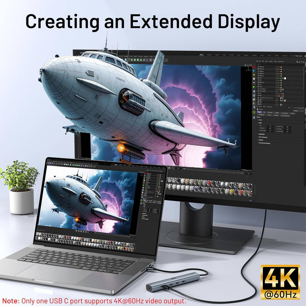 USB-C hub connected to laptop displays with multiport cable for extended video