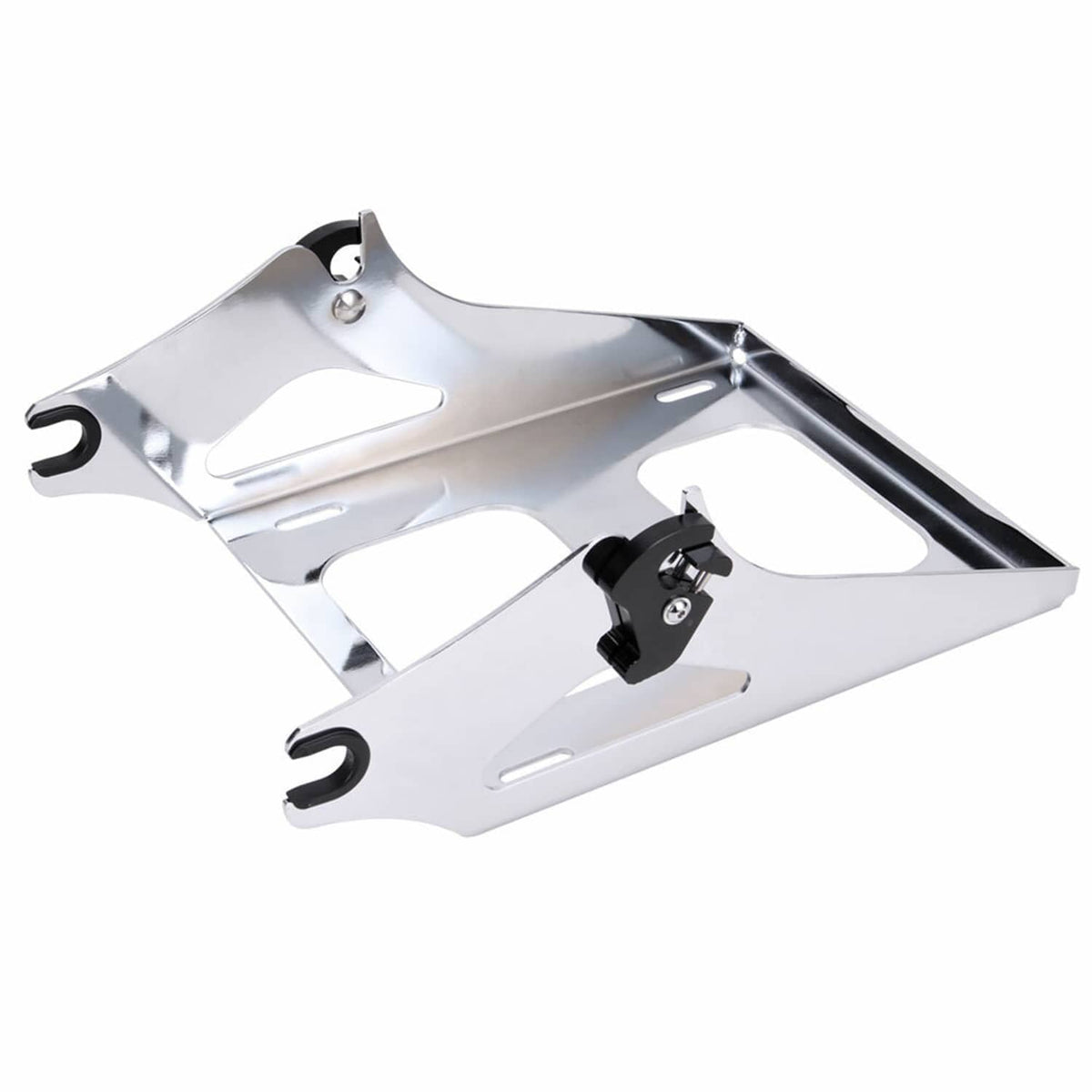 Chrome underside luggage rack mount with two support hooks and black mounting strap