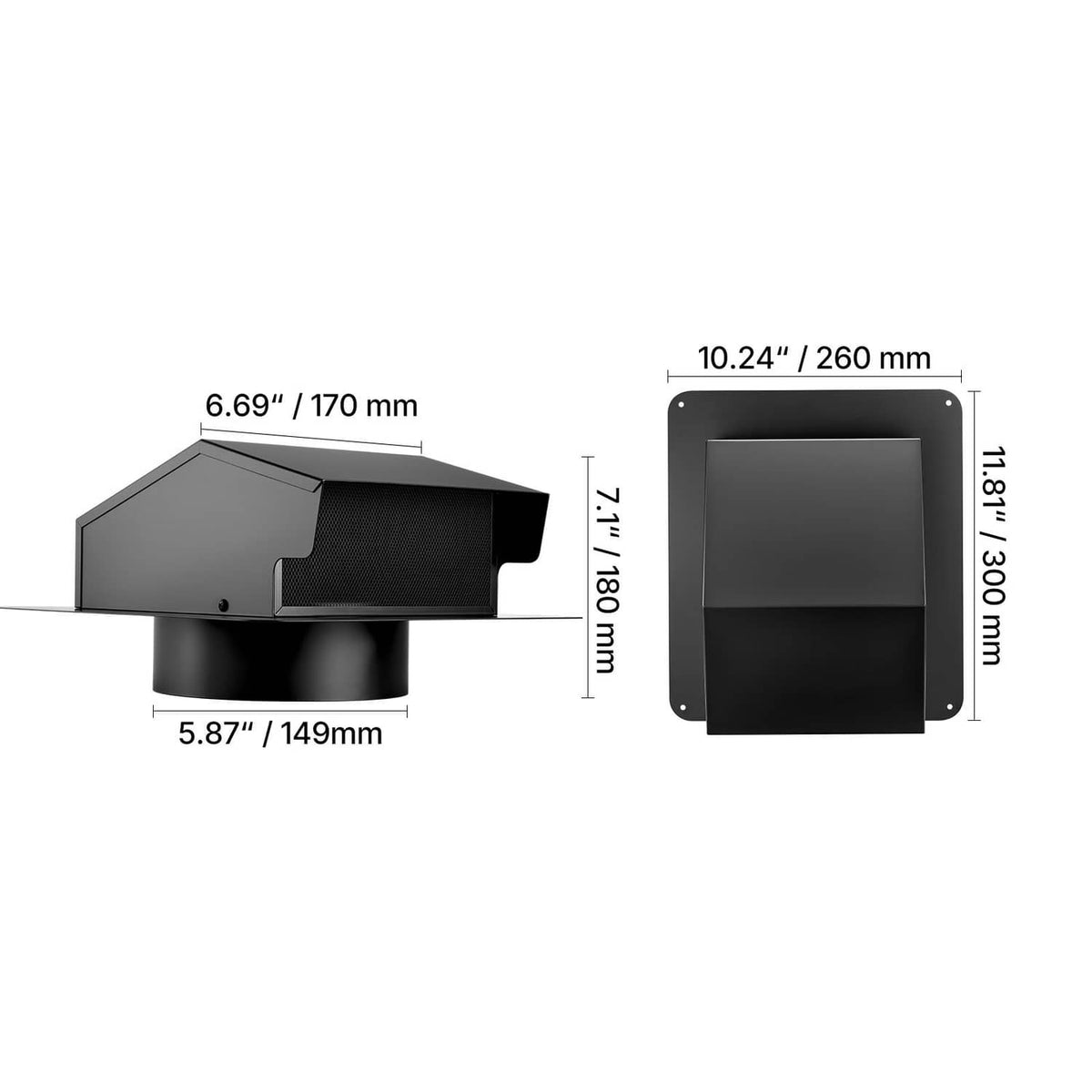 Black 6-inch hooded wall vent cover with side and front profile measurements