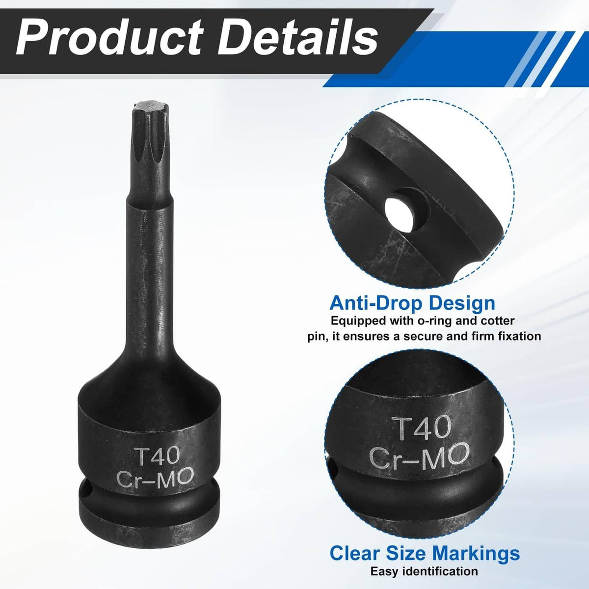 T40 Cr-Mo Torx socket bit with O-ring, black steel