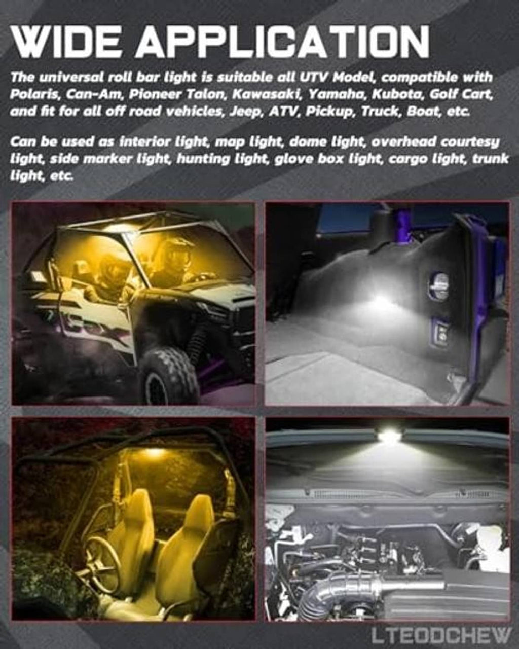 UTV dome light for wide illumination in vehicle interior and cargo areas