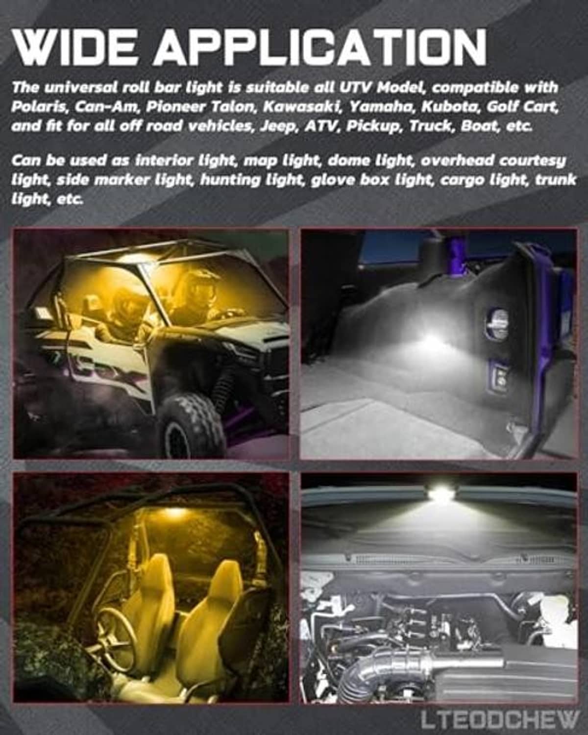 UTV dome light for wide illumination in vehicle interior and cargo areas