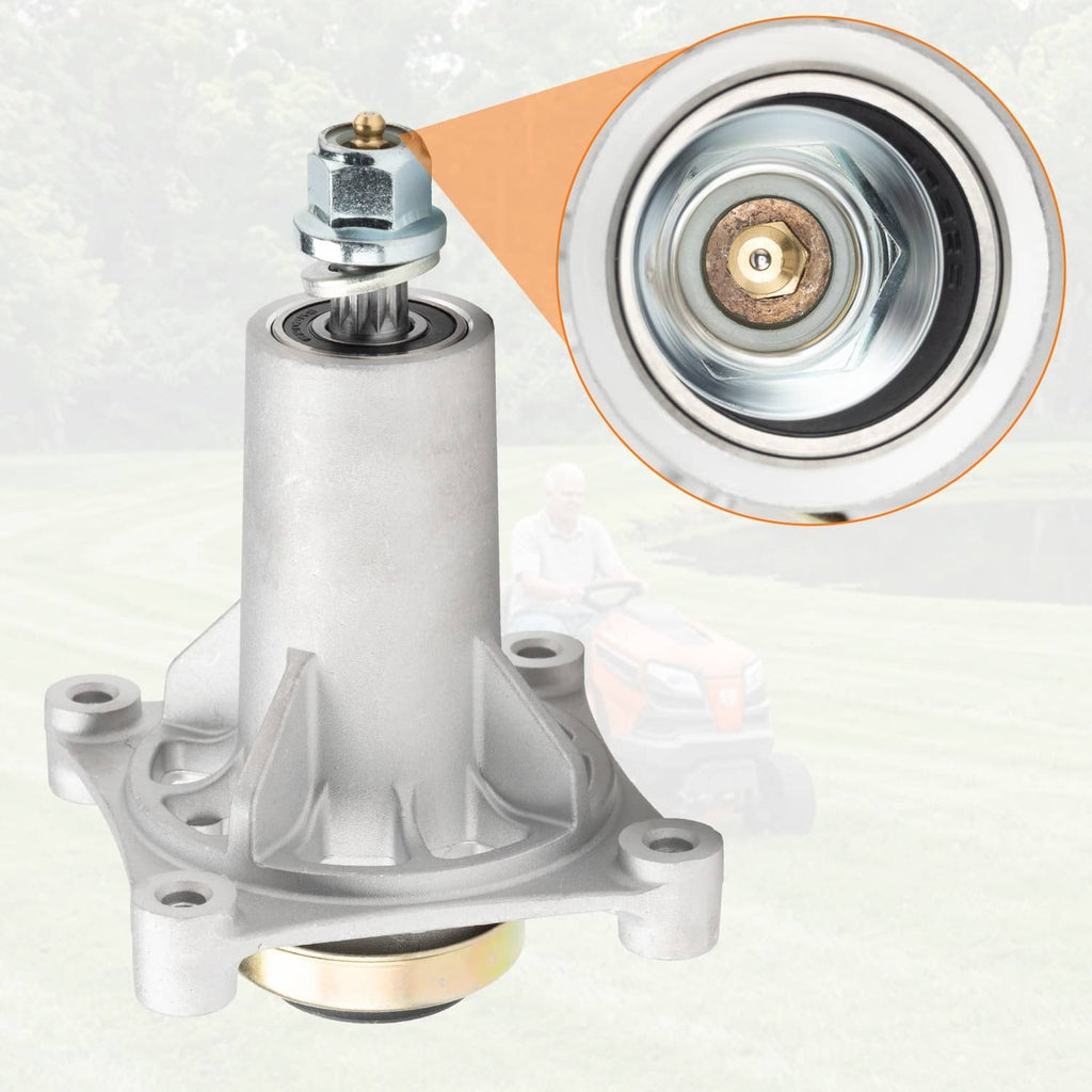 Deck spindle assembly with silver housing and exposed bearing area, side view