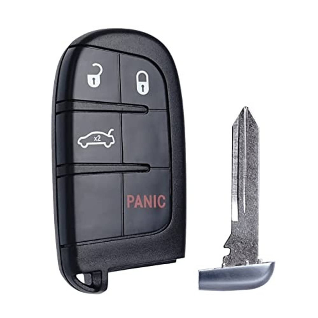 Black 4-button smart key fob with metal key blade extended and red PANIC icon.