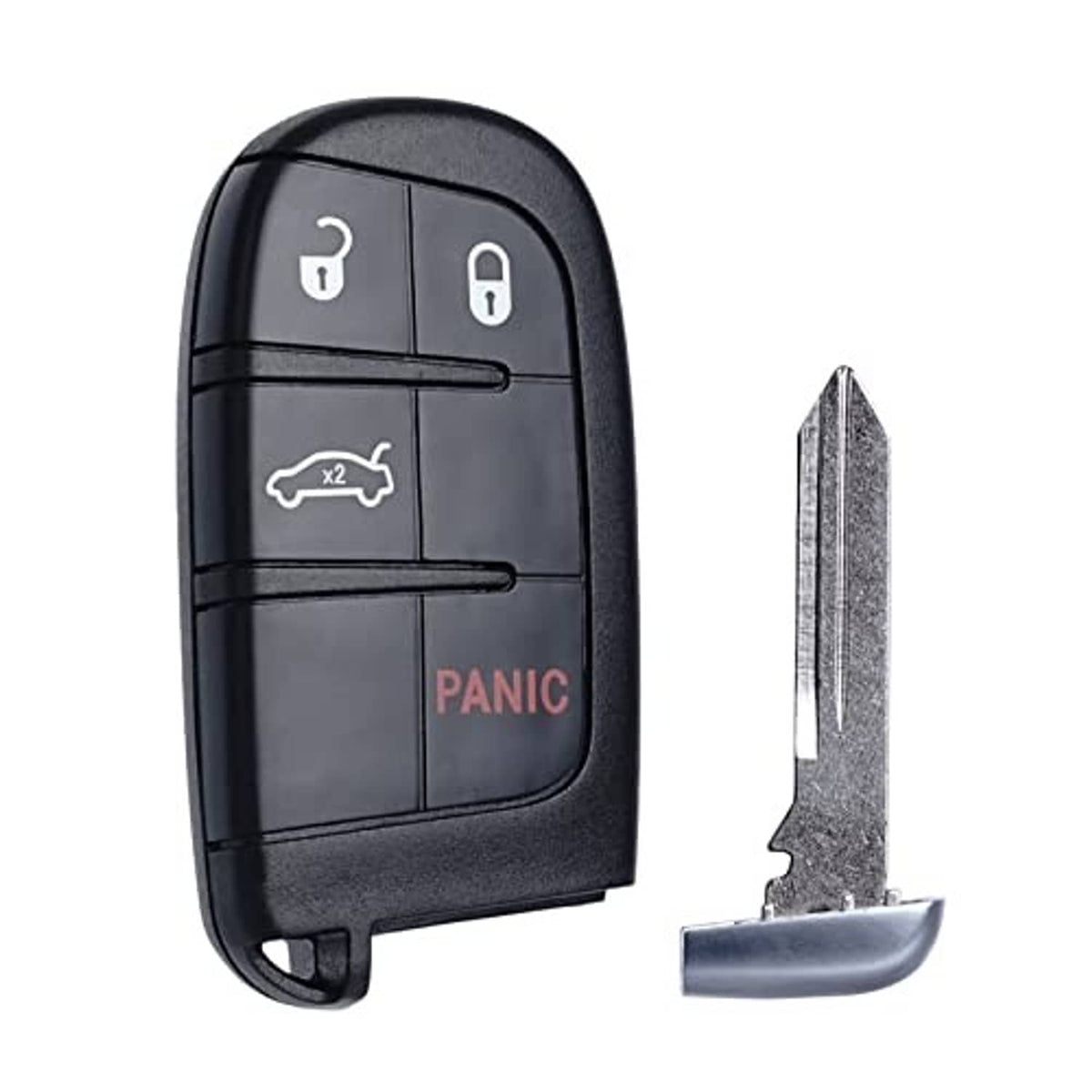 Black 4-button smart key fob with metal key blade extended and red PANIC icon.