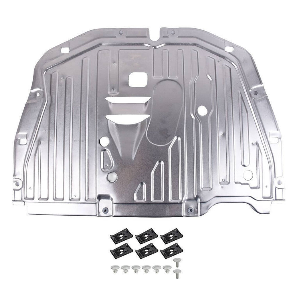 Engine splash guard shield, silver metal panel with mounting holes