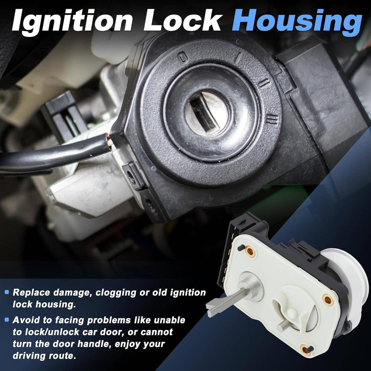 Ignition lock housing and key cylinder assembly, close-up of black housing and keys.