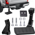 Retractable rear tailgate step bracket with black textured foot pad and hardware