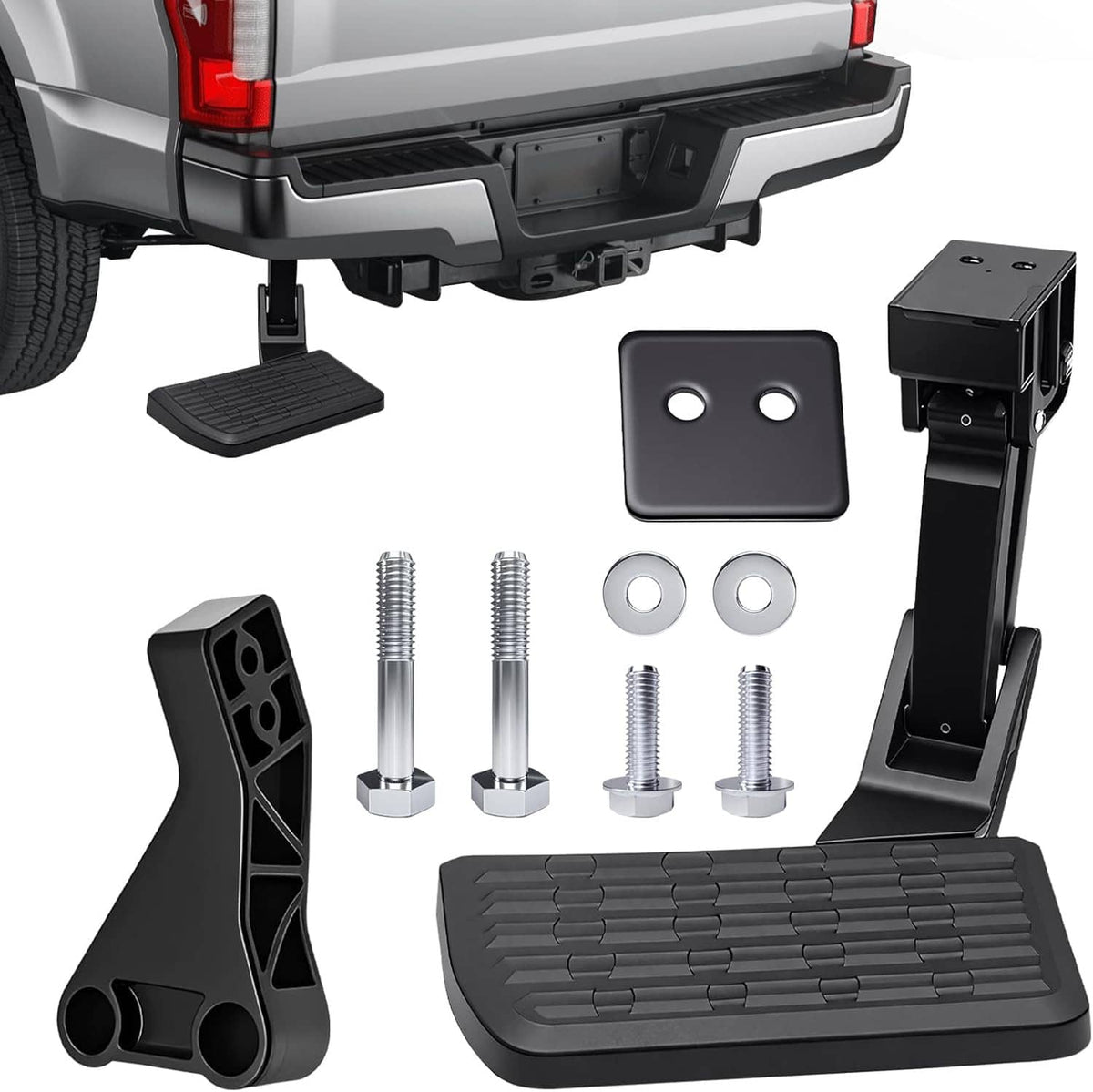 Retractable rear tailgate step bracket with black textured foot pad and hardware