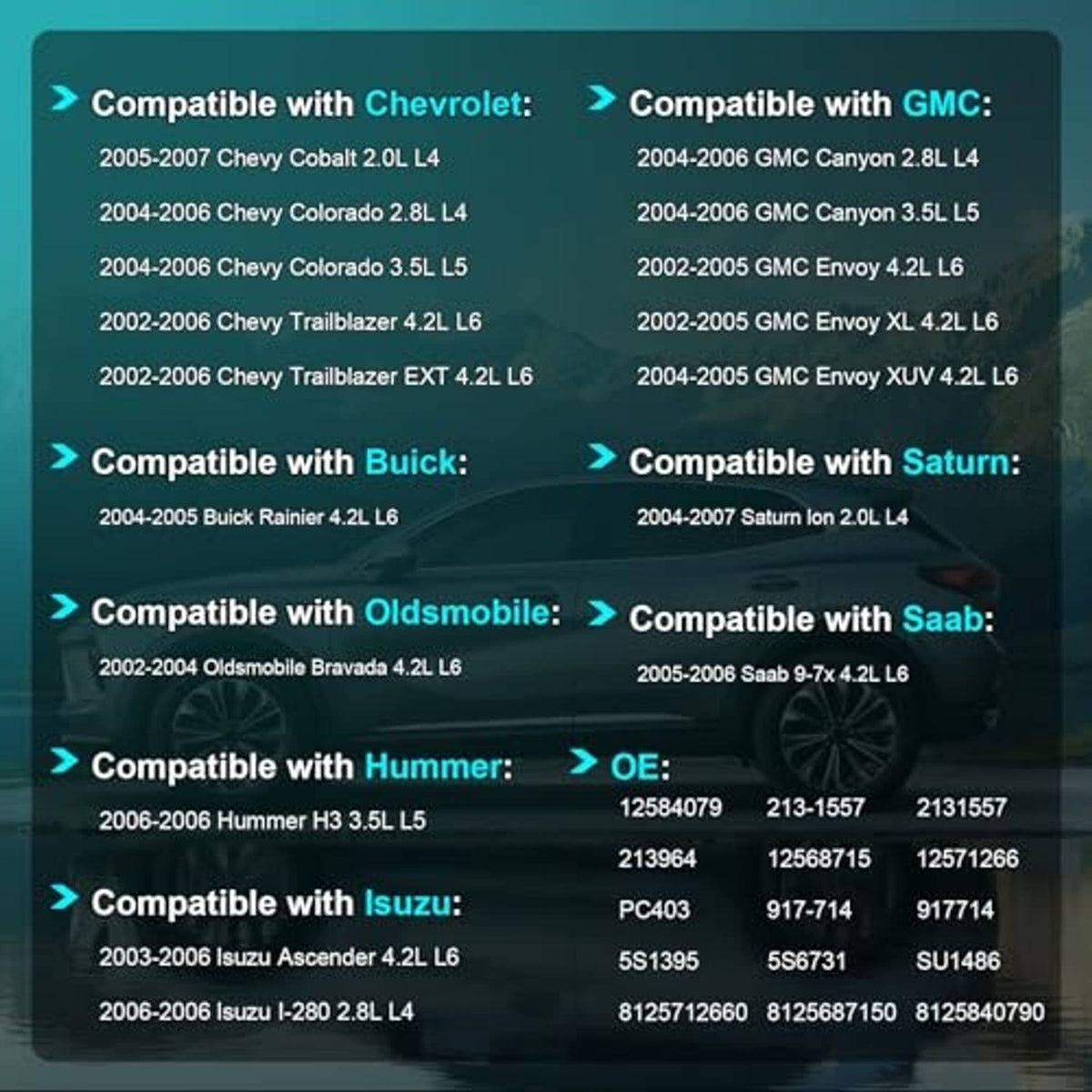 Vehicle compatibility chart listing OE and model fitment for camshaft sensor