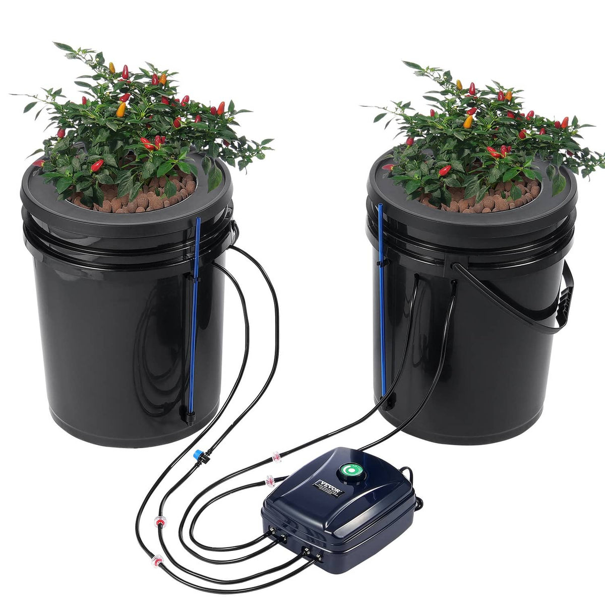Deep water culture hydroponics system with two black buckets, pump, and tubing
