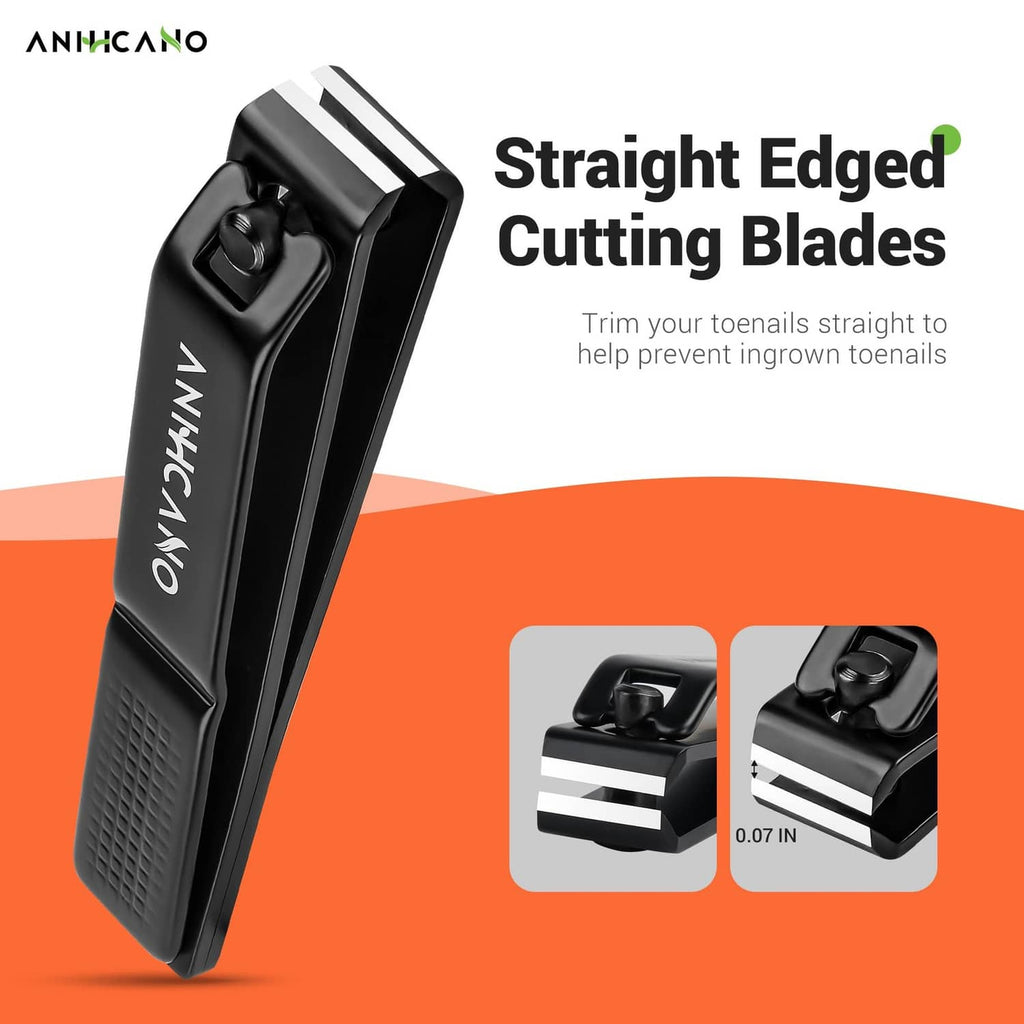Black nail clipper with straight-edged cutting blades and textured grip