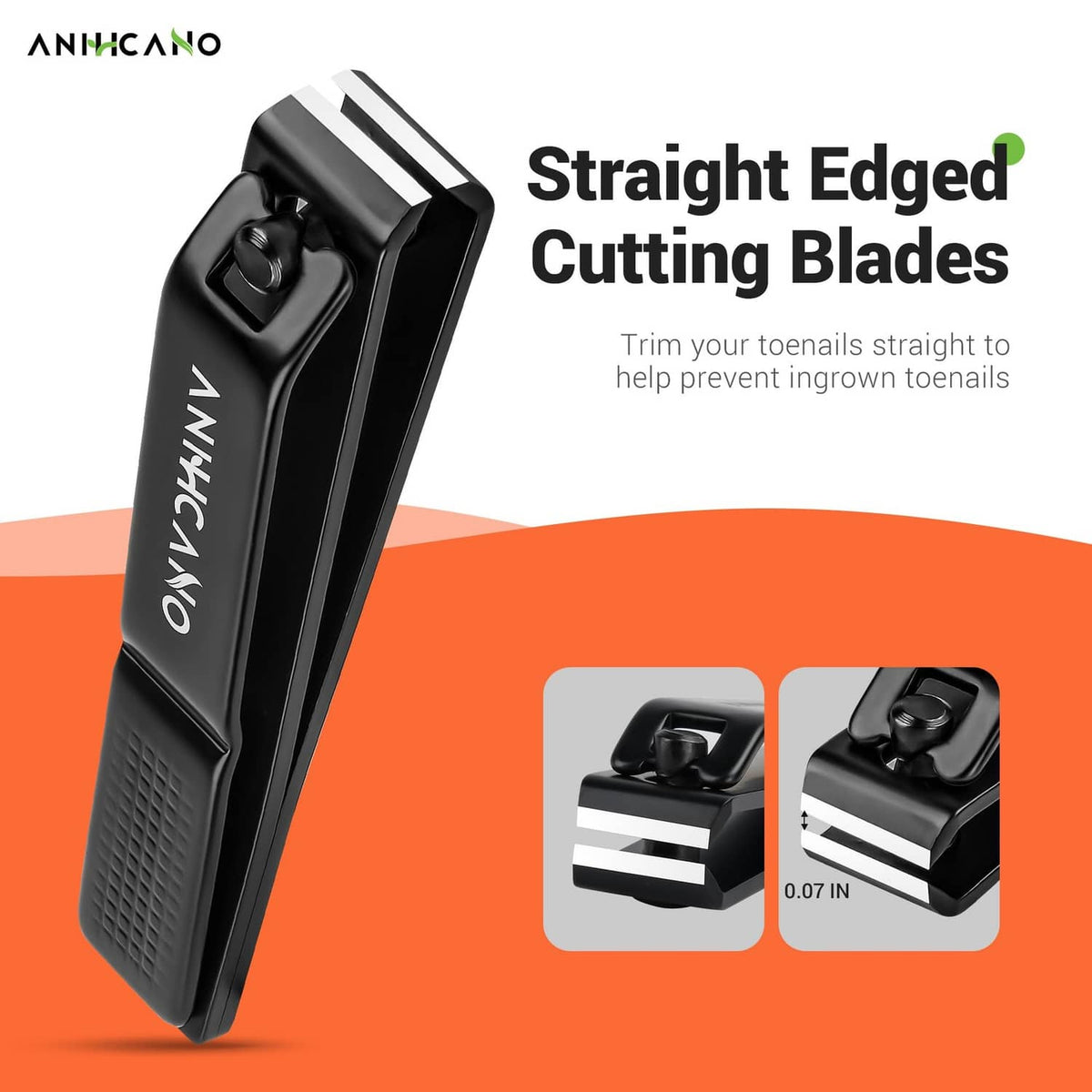 Black nail clipper with straight-edged cutting blades and textured grip