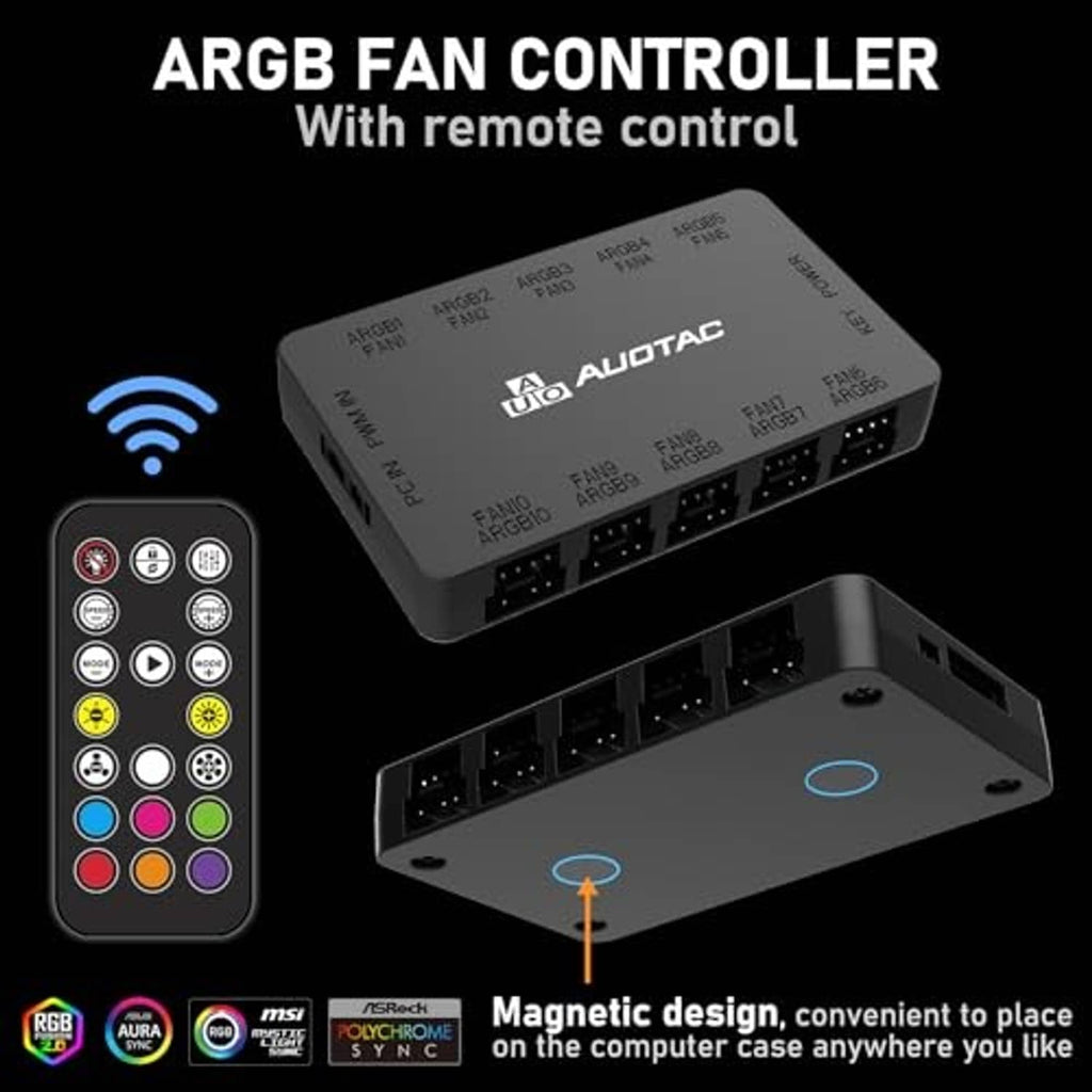 Black ARGB fan hub with RF remote support and magnetic placement for PC case mounting