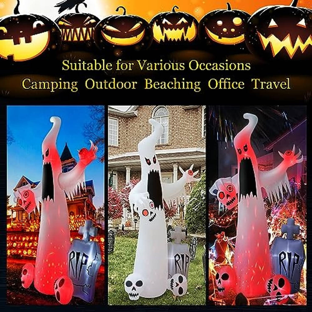 Halloween yard display featuring tall ghost inflatable, tombstone, and glowing red skull accessories