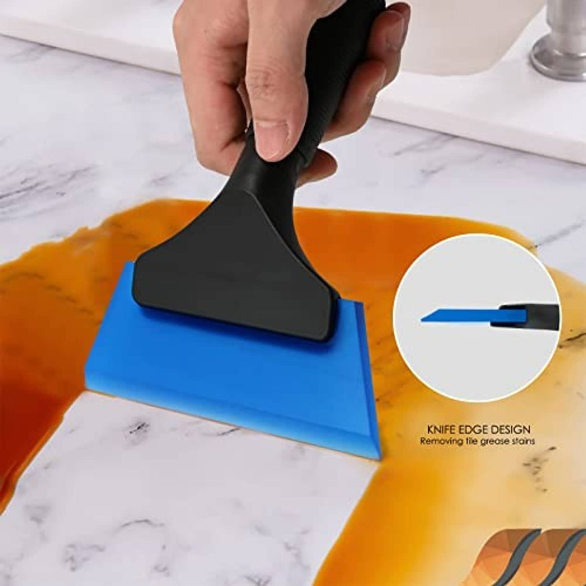 Blue rubber squeegee with black blade featuring knife-edge design to remove residue