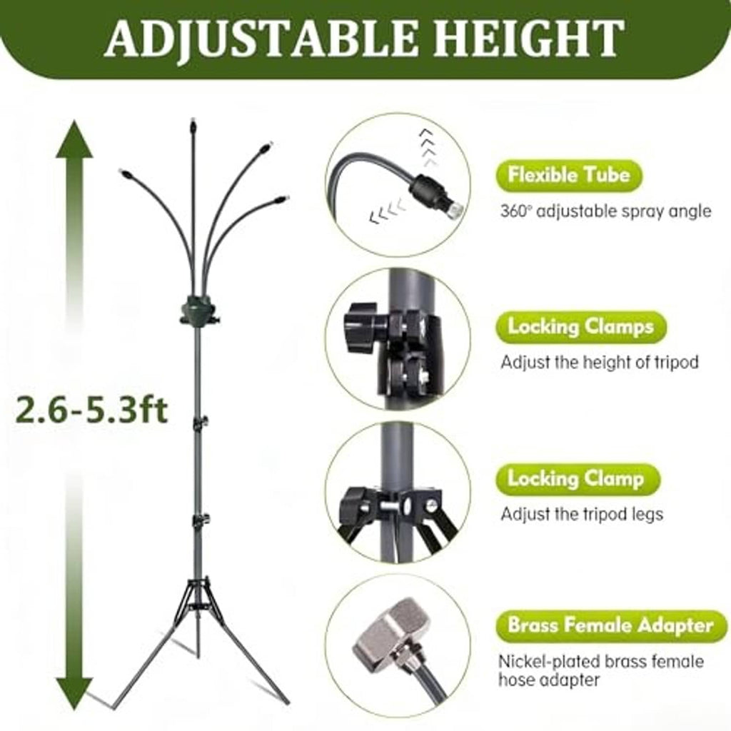 Adjustable outdoor misting system stand with height settings and locking clamps