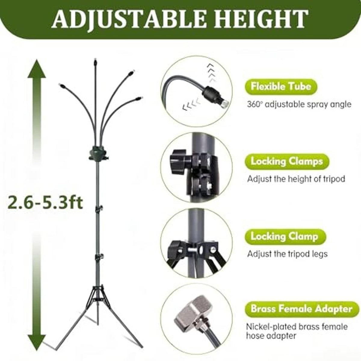 Adjustable outdoor misting system stand with height settings and locking clamps