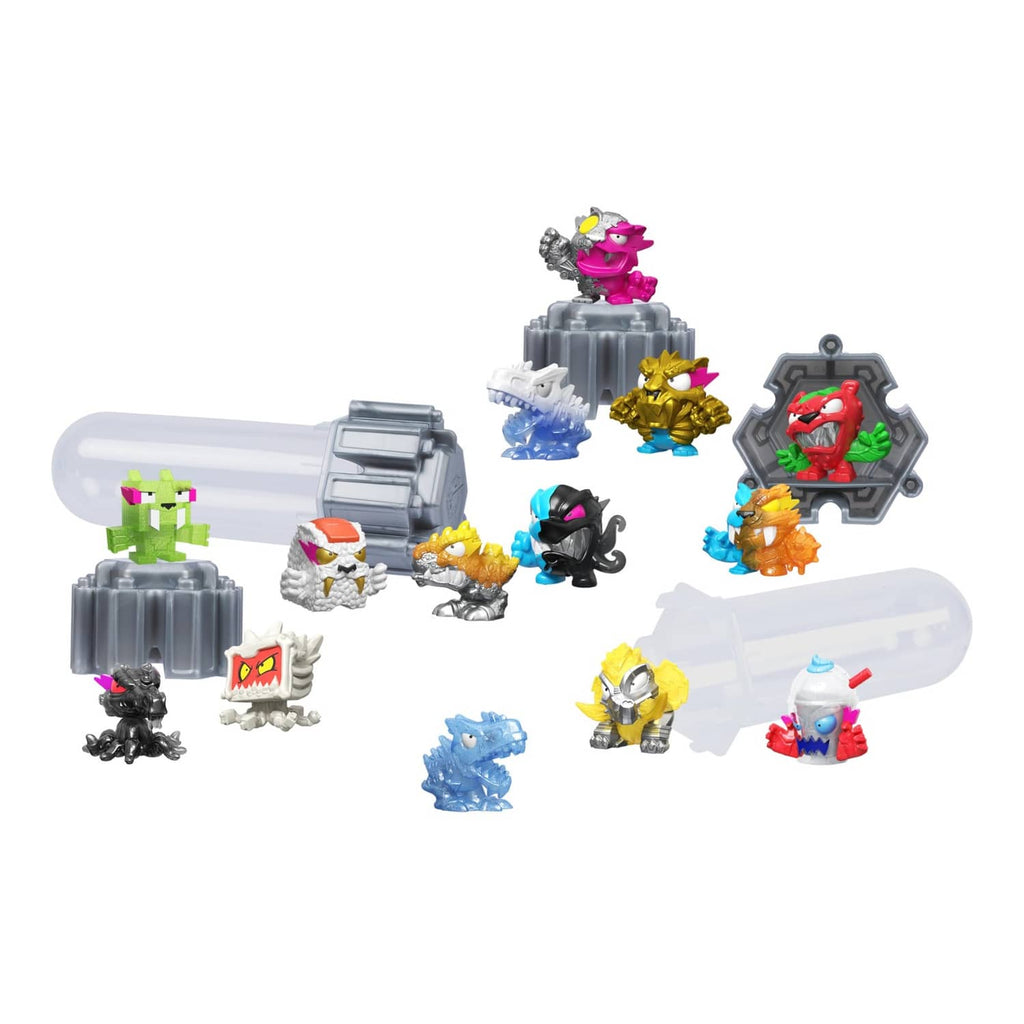 Assorted micro-beast collectible figures with silver canisters and accessory pieces