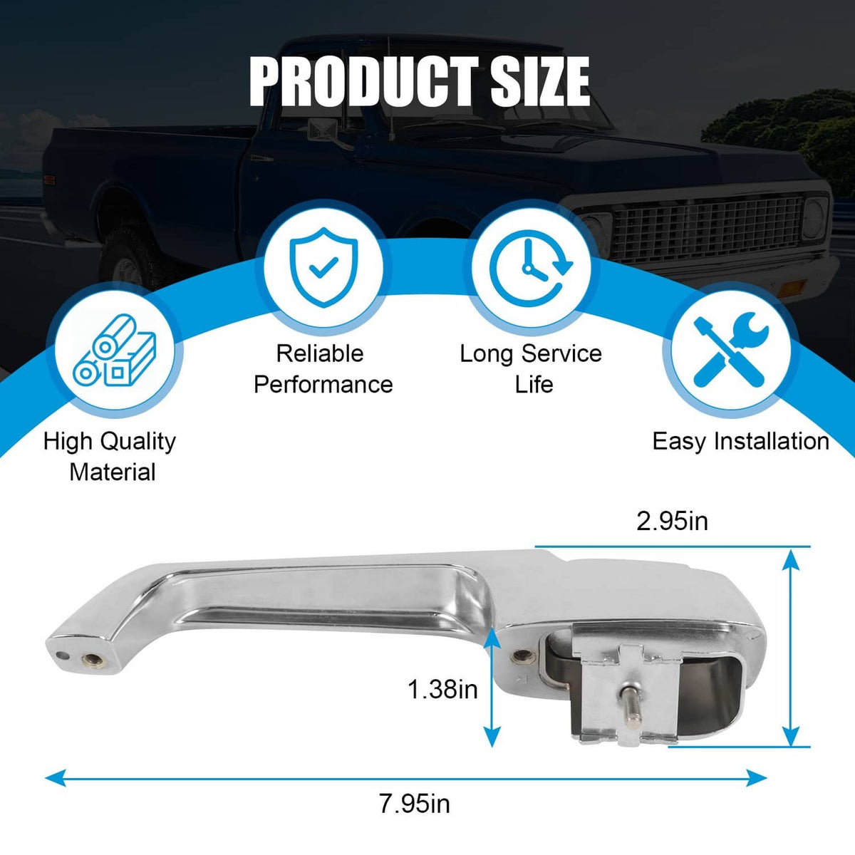 Chrome outside door handle pair with size dimensions shown