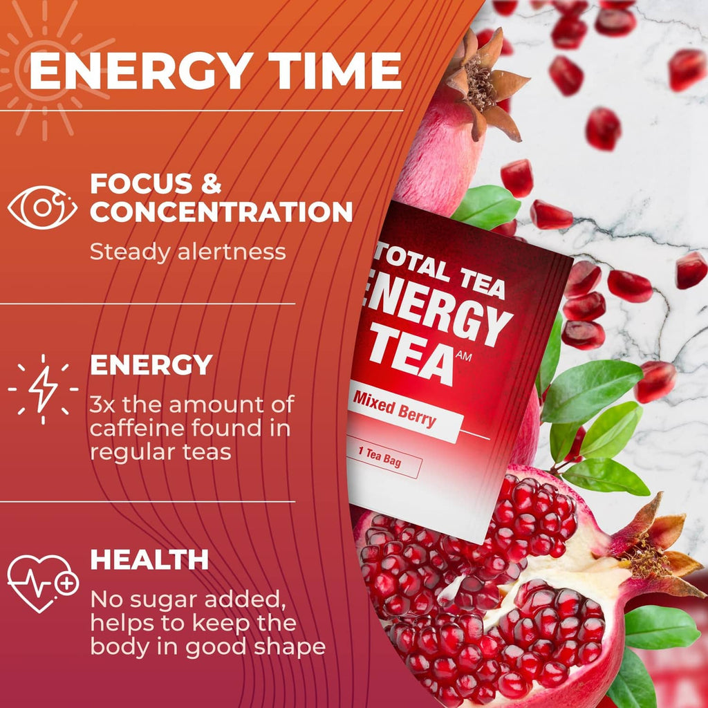 Total Tea Energy tea box with Mixed Berry and Pomegranate flavor