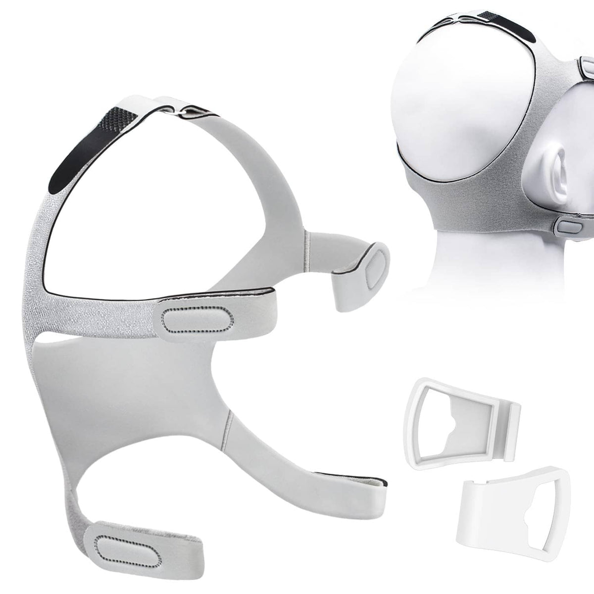 Gray full-face CPAP headgear replacement with adjustable straps and soft padding