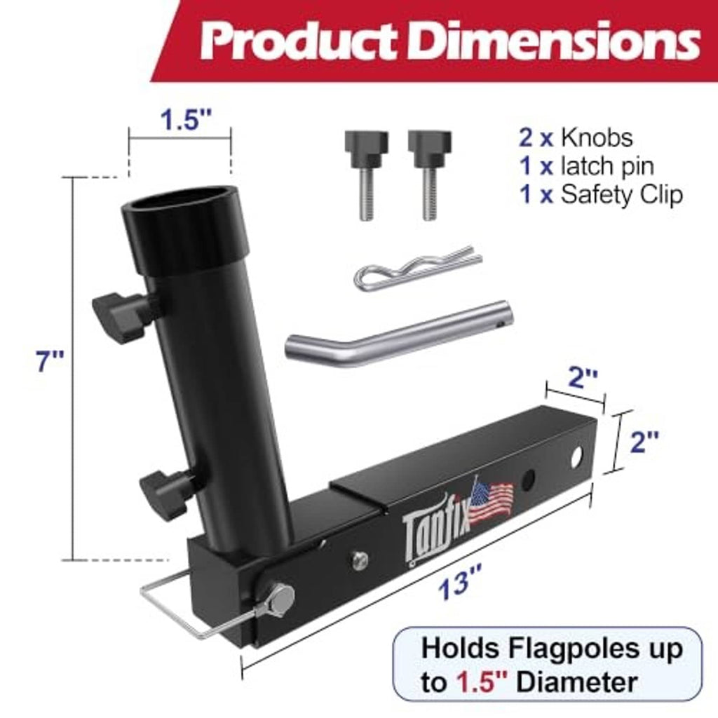 Black hitch mount flagpole holder diagram with dimensions and latch pin hardware