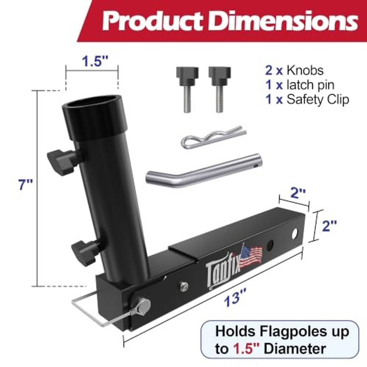 Black hitch mount flagpole holder diagram with dimensions and latch pin hardware