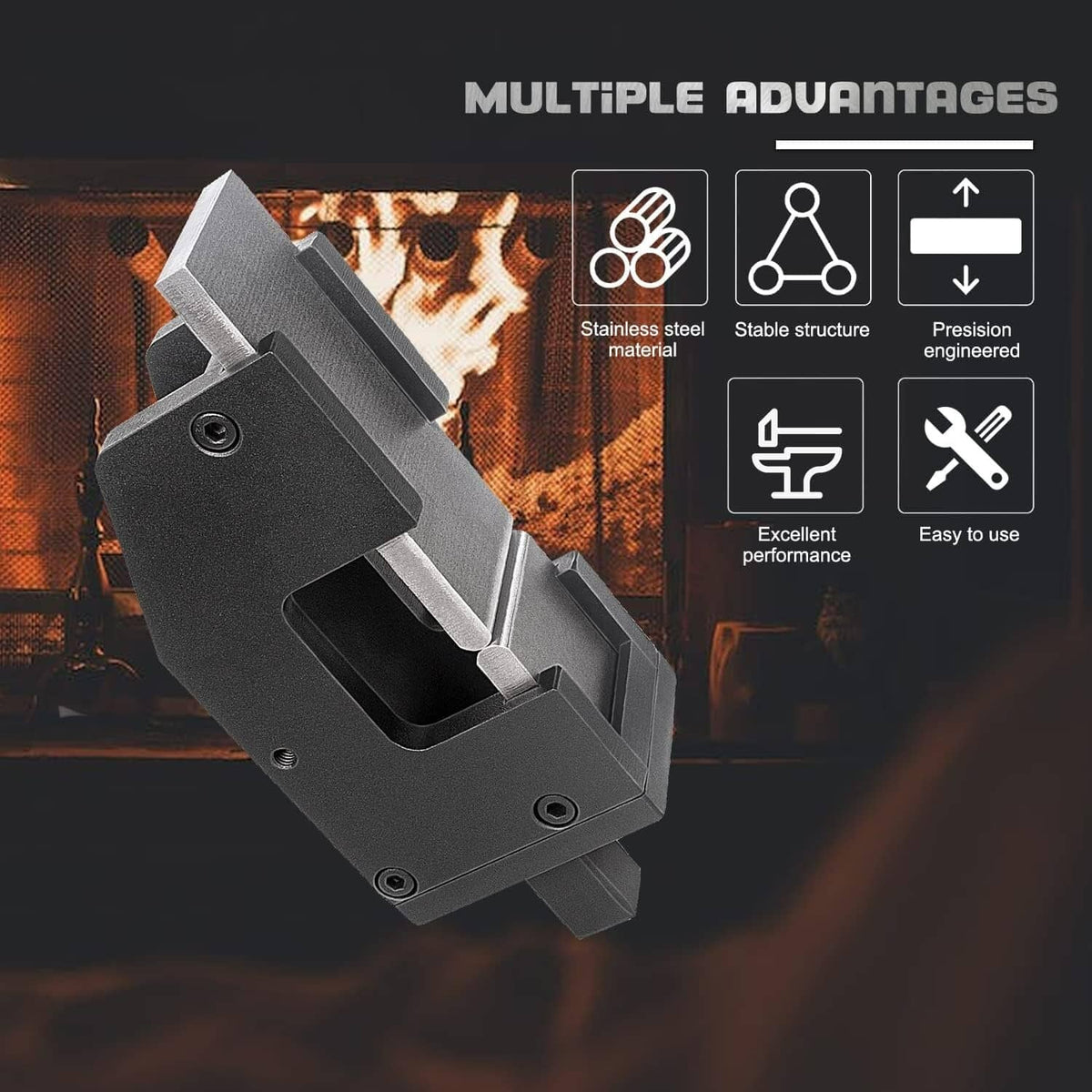 Black guillotine forging tool with flat dies, sturdy clamping base and punch