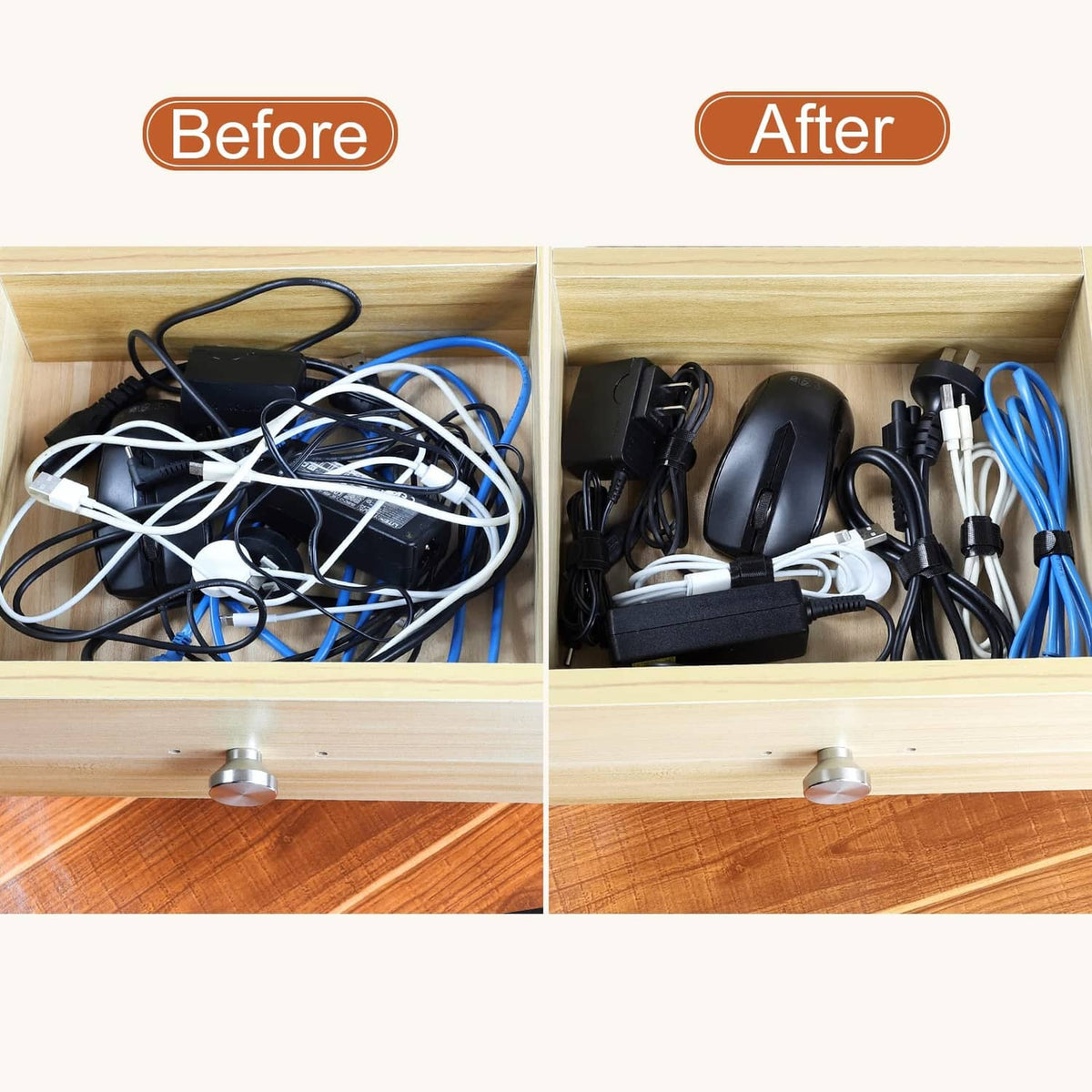 Black reusable cable ties bundling cords neatly in a drawer