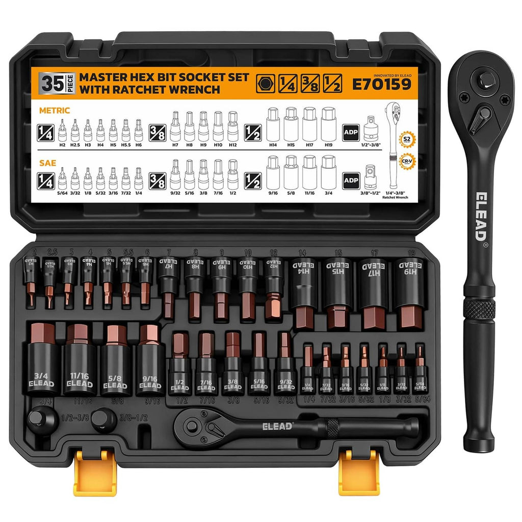 Hex bit socket set in black case with socket holders and ratchet wrench handle