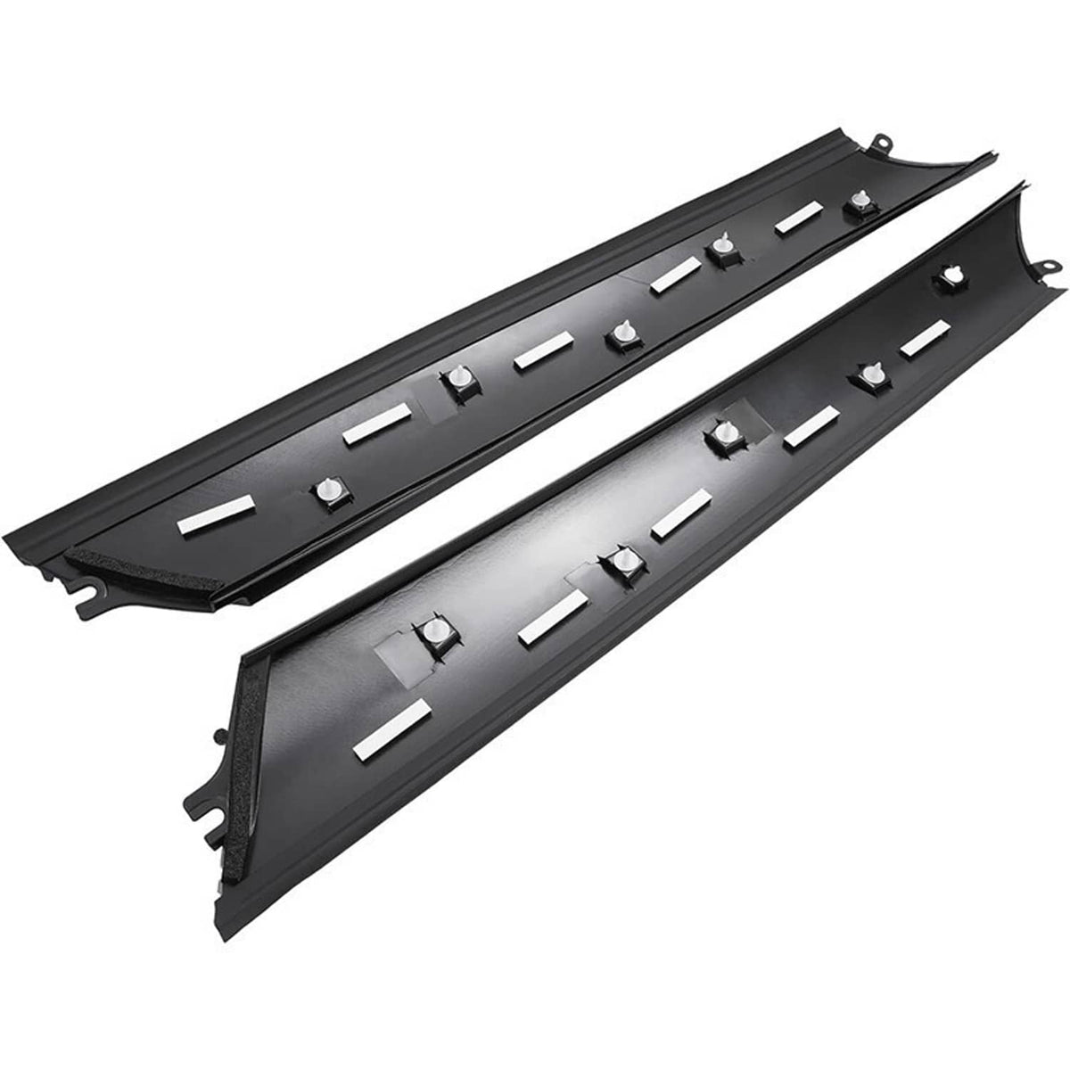Windshield pillar trim molding pair, dark gray/black with mounting clips