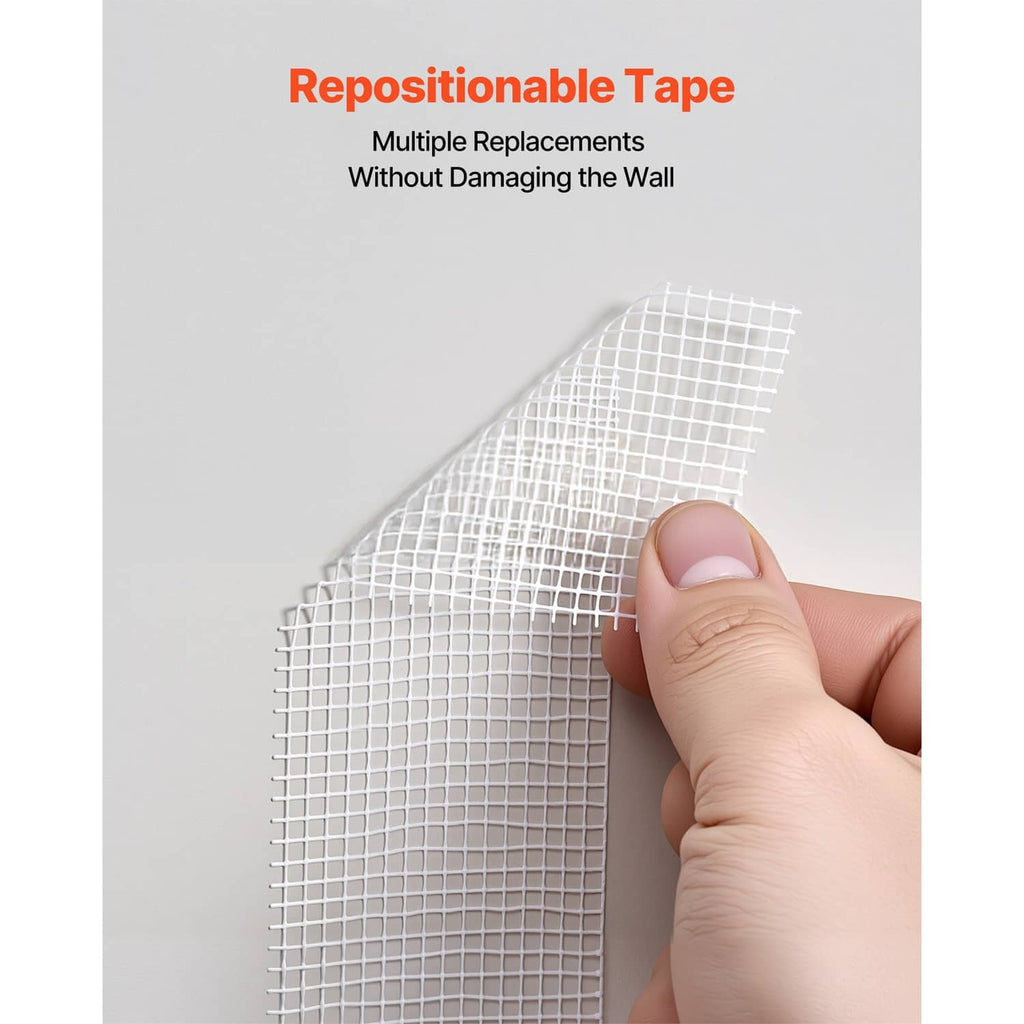 Repositionable drywall joint tape with adhesive fiberglass mesh, held in a hand