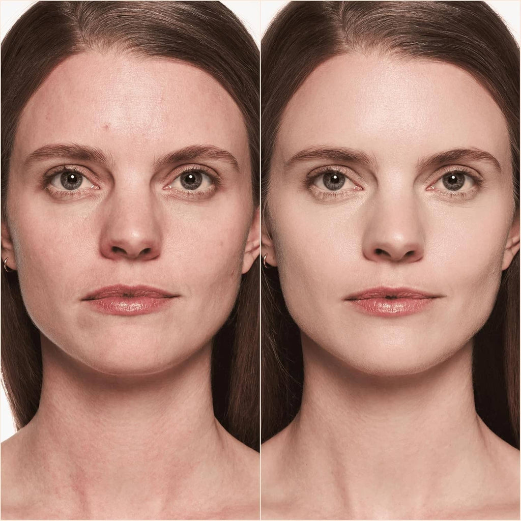 Face makeup results showing smooth complexion with liquid foundation finish