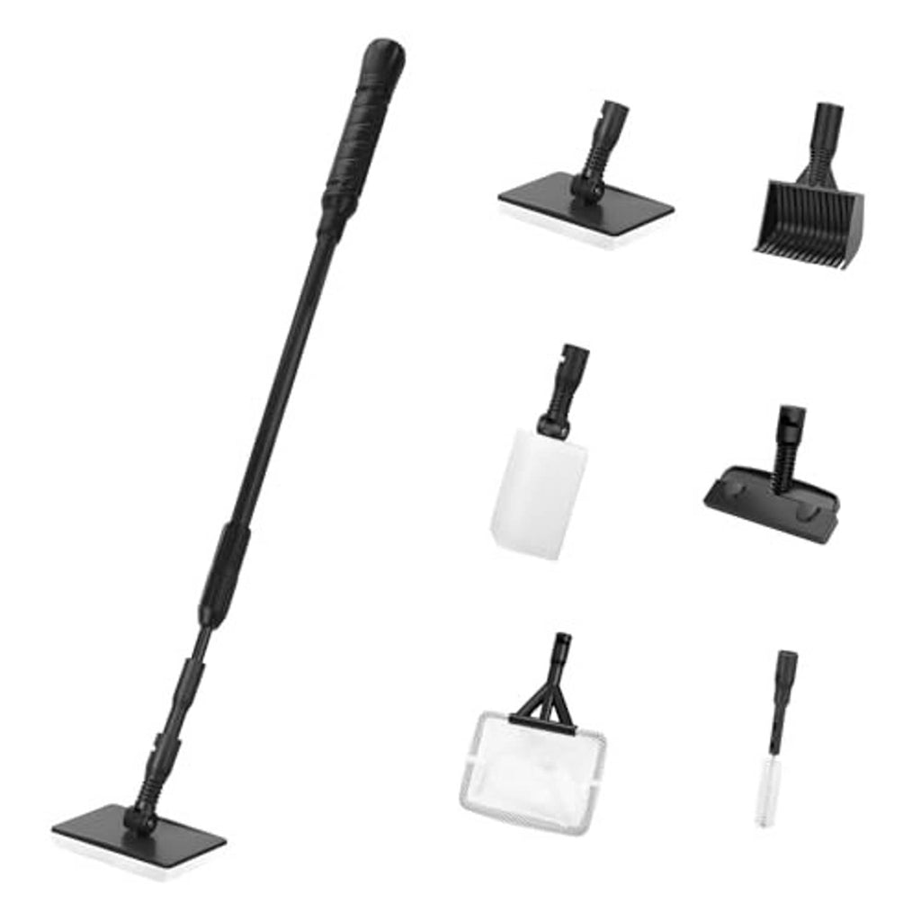 Fish tank cleaning tool set featuring long handle with multiple detachable brush and scraper heads