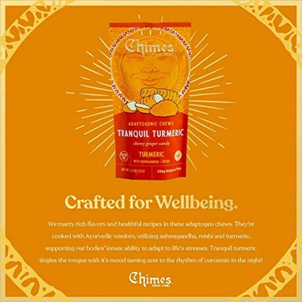 Single adaptogenic chew candy pouch, orange front label with golden seal graphic