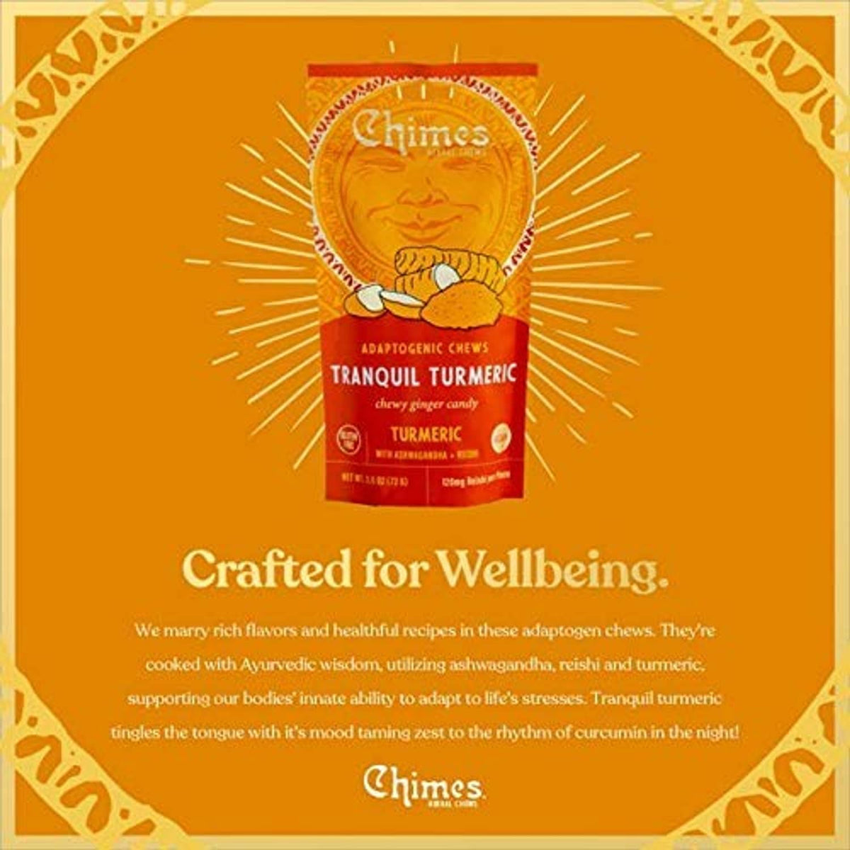 Single adaptogenic chew candy pouch, orange front label with golden seal graphic