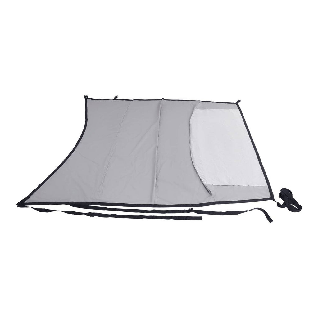Grey aircraft cover with front white panel section and black securing lines