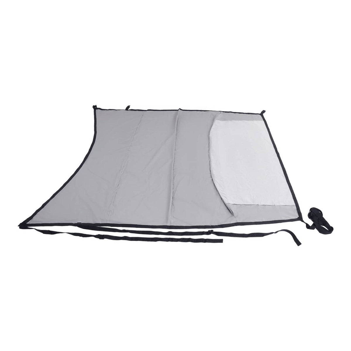 Grey aircraft cover with front white panel section and black securing lines