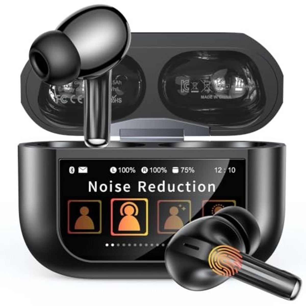 Black wireless earbuds with open charging case showing touch-control display and battery icons