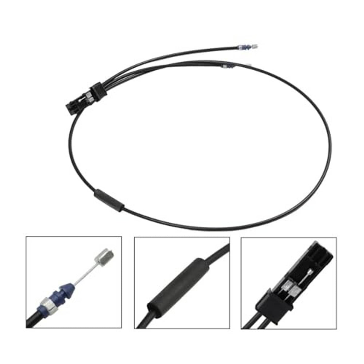 Hood lock release cable with black wire and visible connector and sensor ends