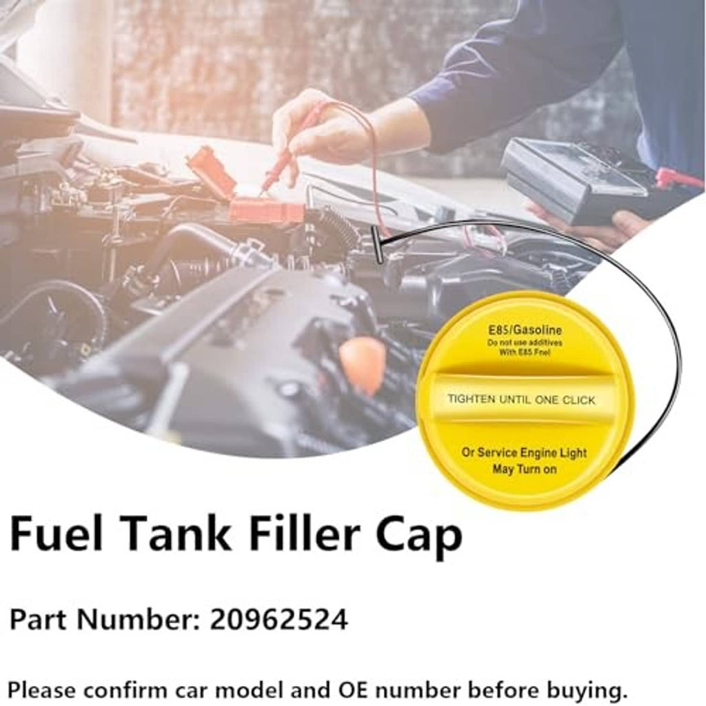 Fuel tank filler cap with yellow cover, black tether, and E85/Gasoline label