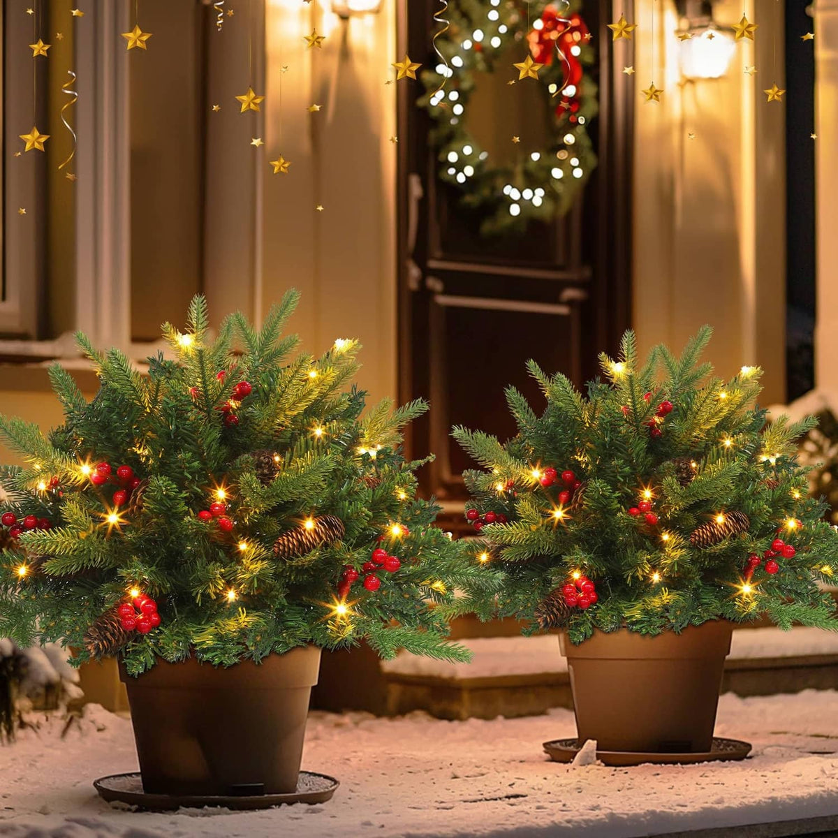 Pre-lit artificial Christmas tree in brown planter with warm white and colorful LED lights