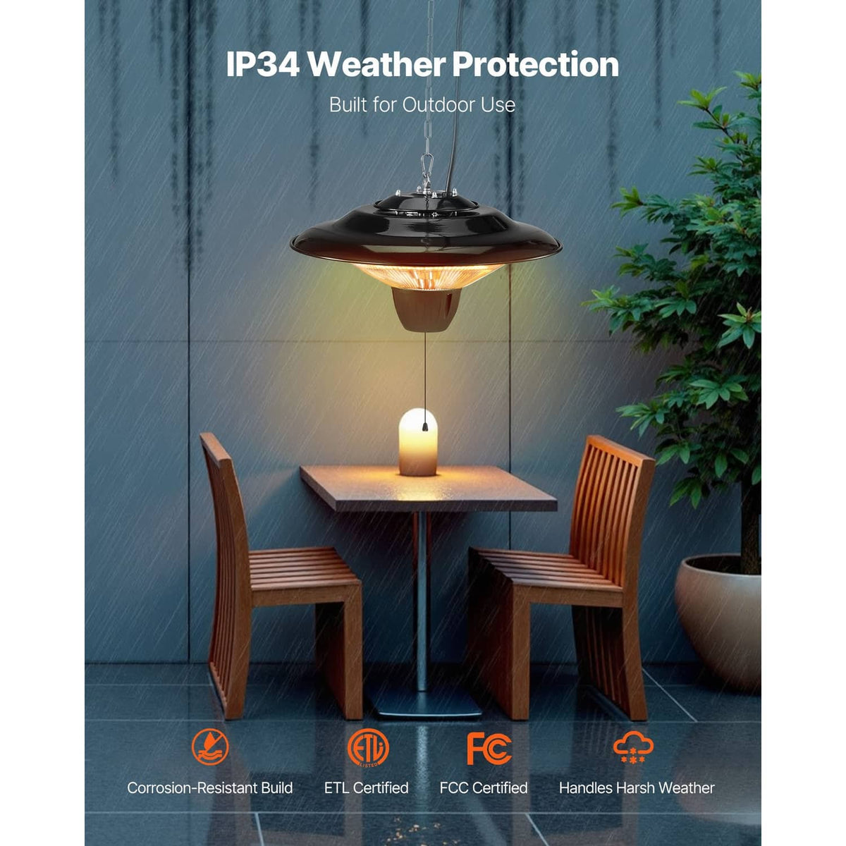 Weatherproof hanging infrared heater with warm orange glow under covered patio