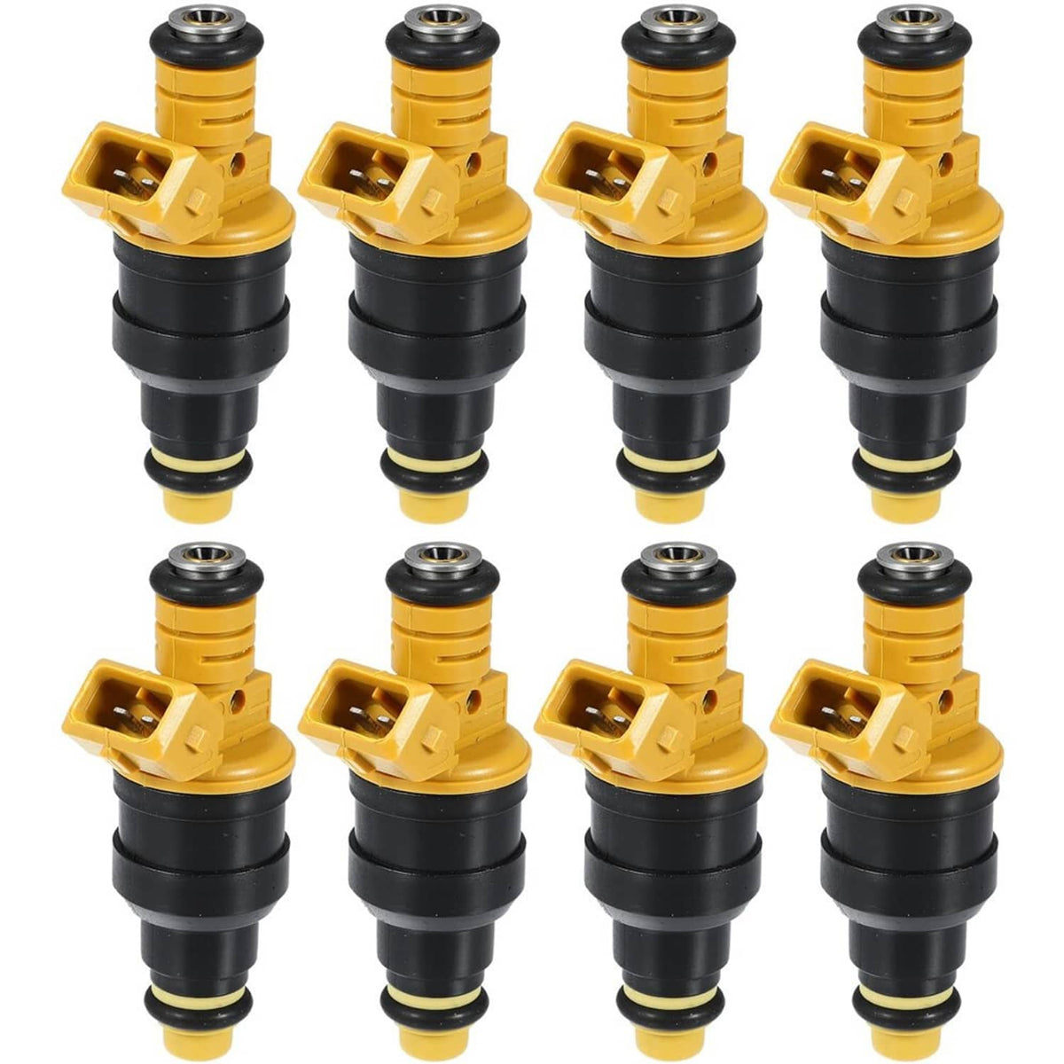 Eight-pack yellow and black fuel injectors with orange electrical connectors