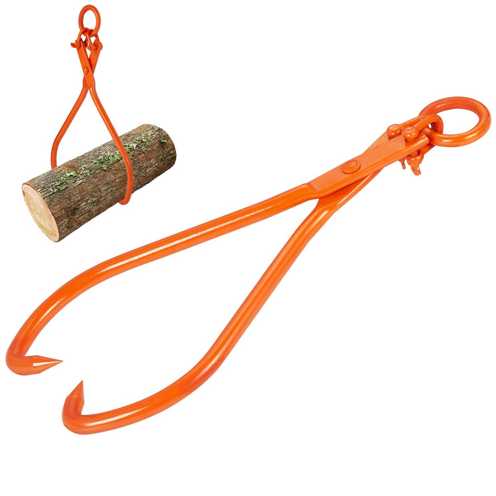 Orange 2-claw log skidding tongs with lifting ring, gripping a cut log