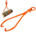 Orange 2-claw log skidding tongs with lifting ring, gripping a cut log