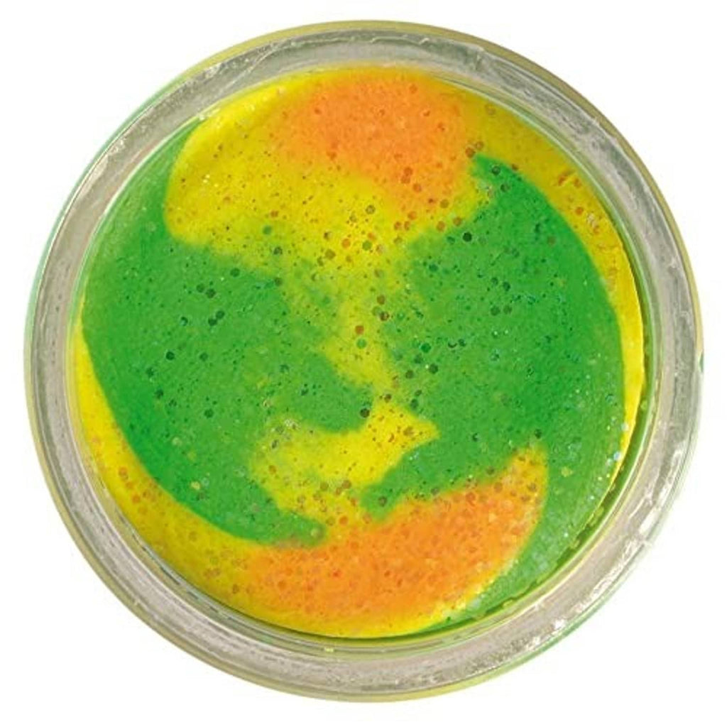 Colorful green-yellow-orange moldable floating fishing bait disk in clear container