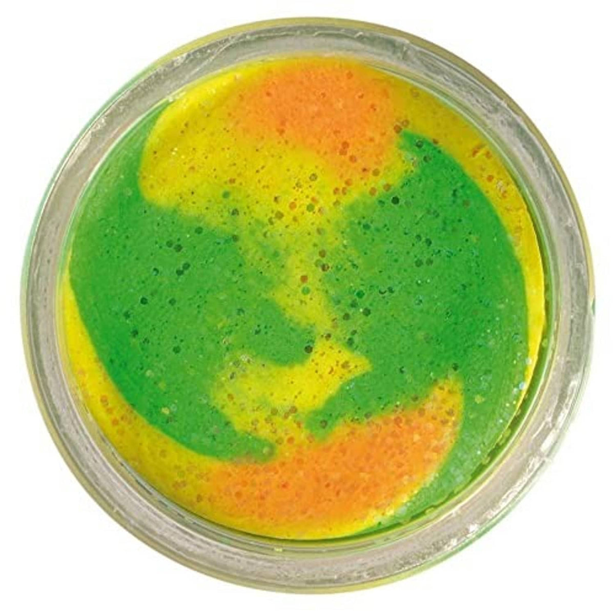Colorful green-yellow-orange moldable floating fishing bait disk in clear container