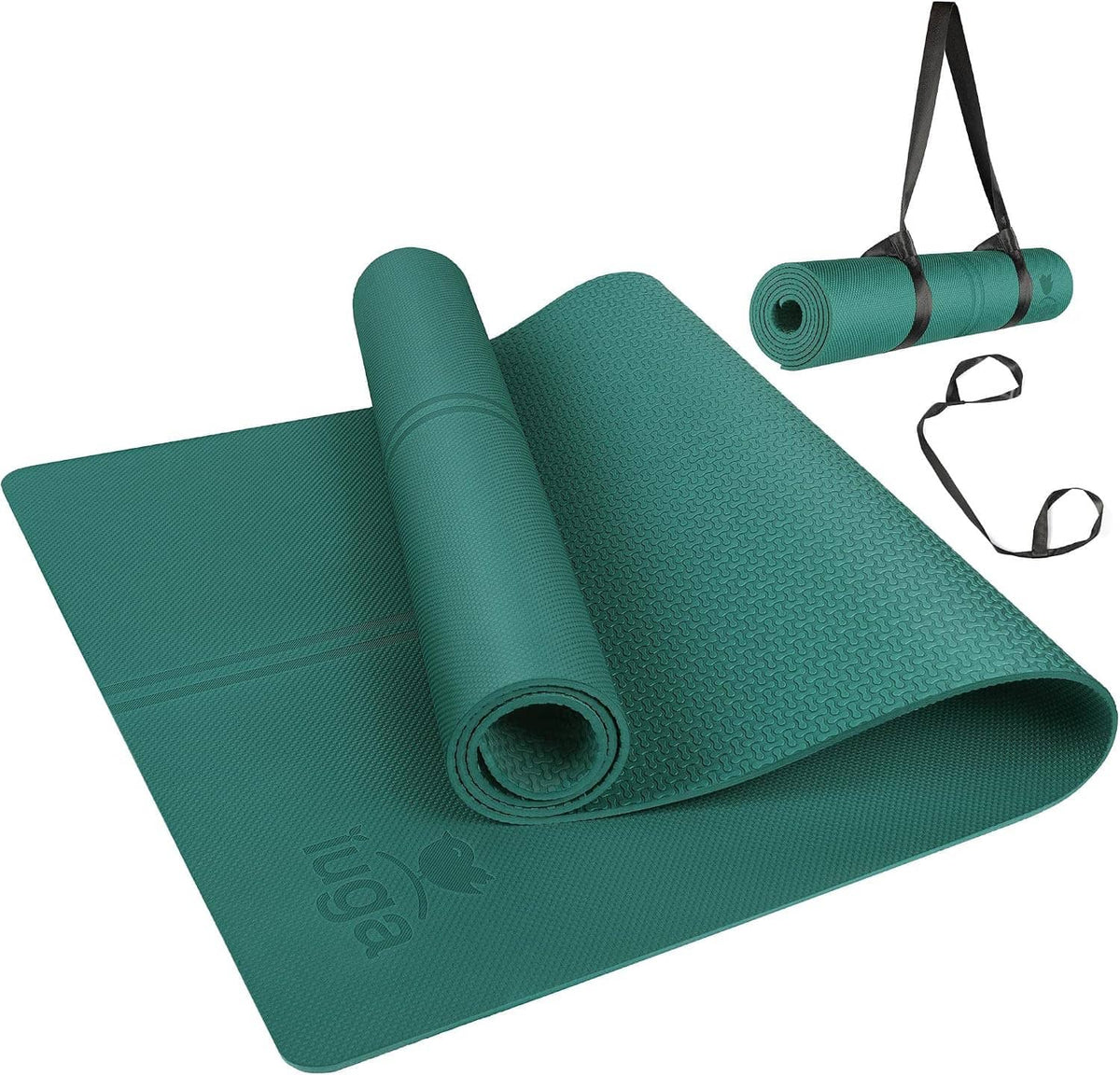 Rolled teal yoga mat with textured top layer and attached handle straps